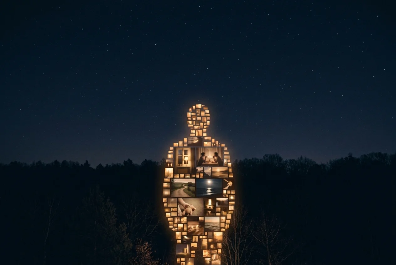A human figure made of glowing life moments