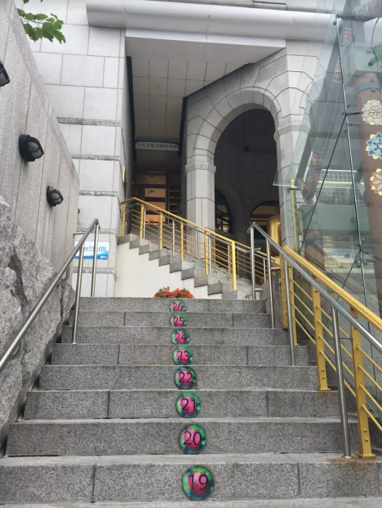 Trap met genummerde treden naar de ingang van het Koreaanse welzijnscentrum in Seoul waar de kisttherapie plaatsvindt