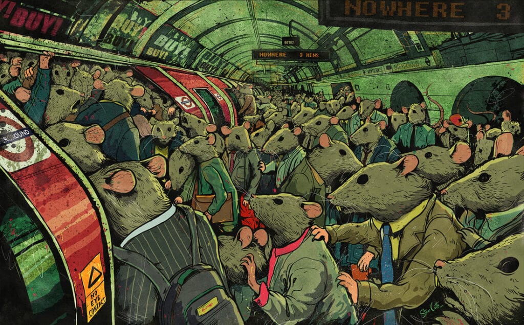Commuters drawn as rats packed into a subway train heading nowhere, the daily grind behind burnout