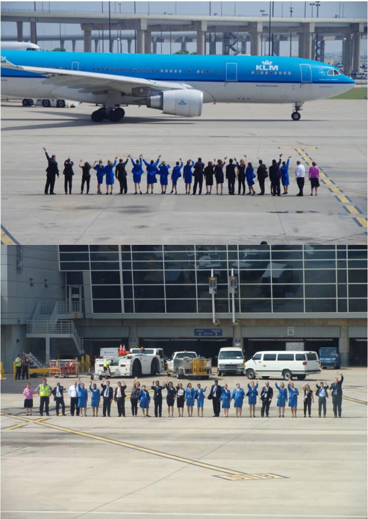 Het KLM-afhandelingsteam zwaait een vlucht uit