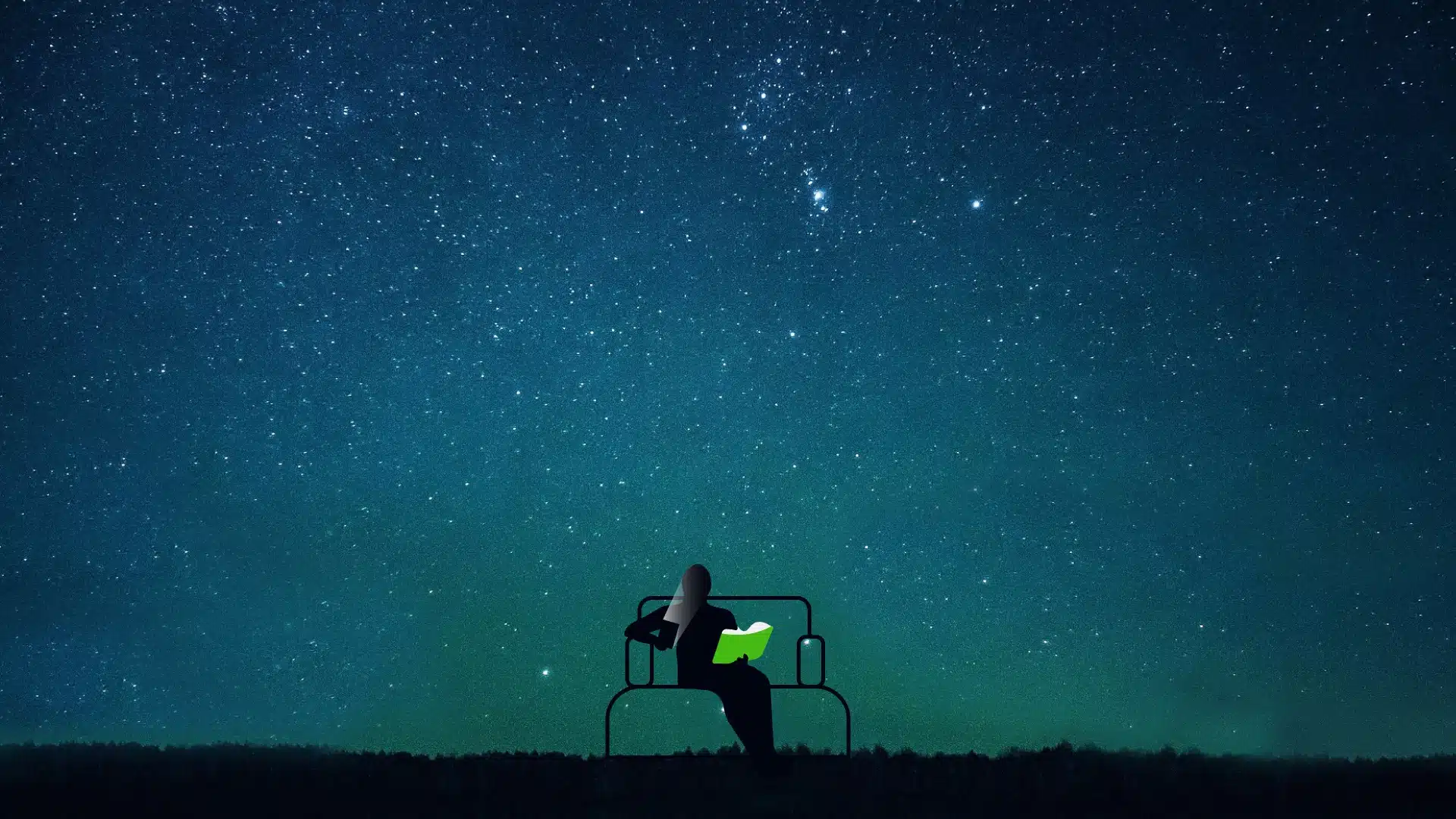 Silhouette reading a glowing green book on a bed under a starry sky