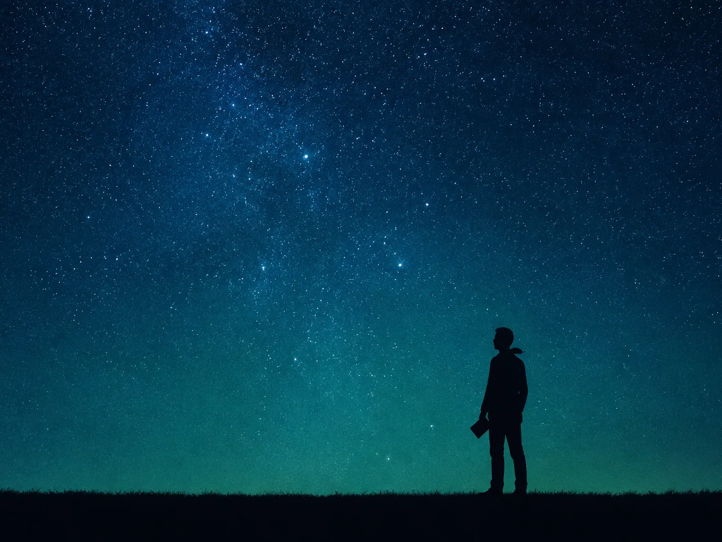 A lone silhouette holding a notebook beneath a star-filled sky