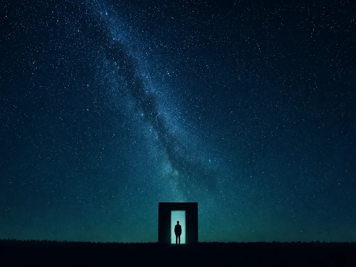 A silhouette standing in a lit doorway beneath the Milky Way